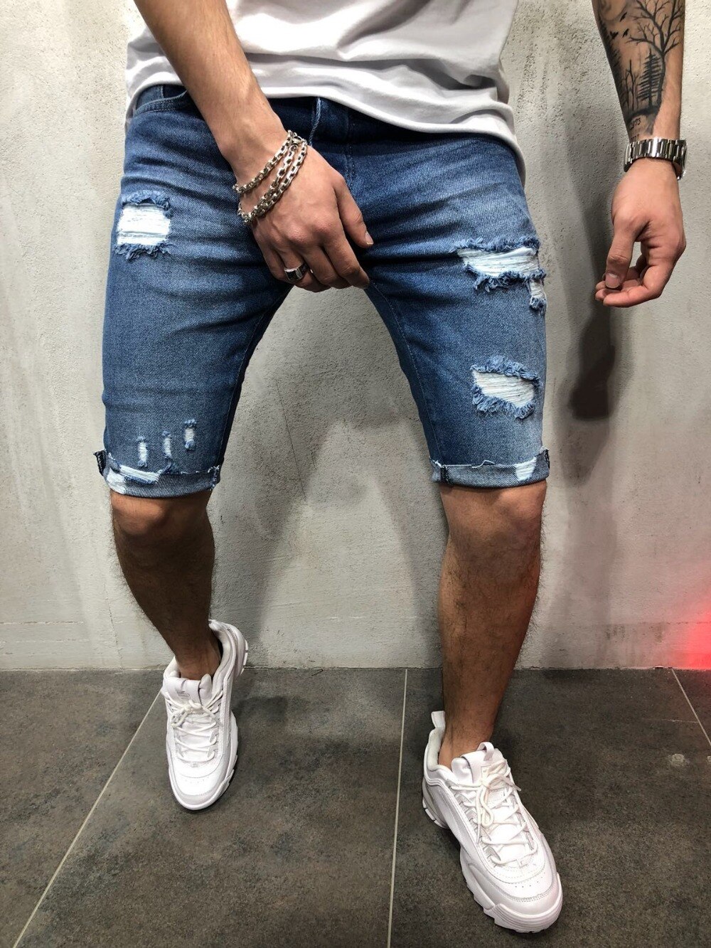 Mænds revet hul denim shorts skinny blyant korte jeans plus størrelse 3xl knæ længde bukser mand blå kausal slim fit shorts