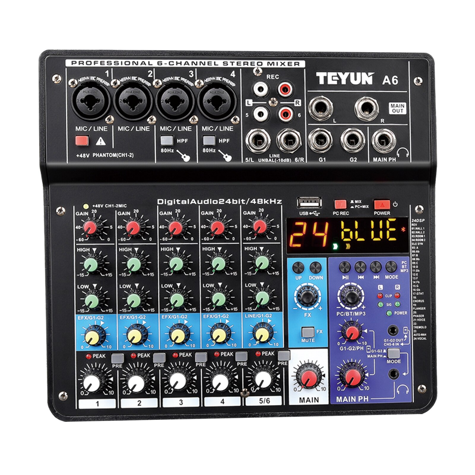 Wireless 6-Channel Audio Mixer Portable Sound Mixing Console USB Interface Computer Input 48V Phantom Power Monitor for Input