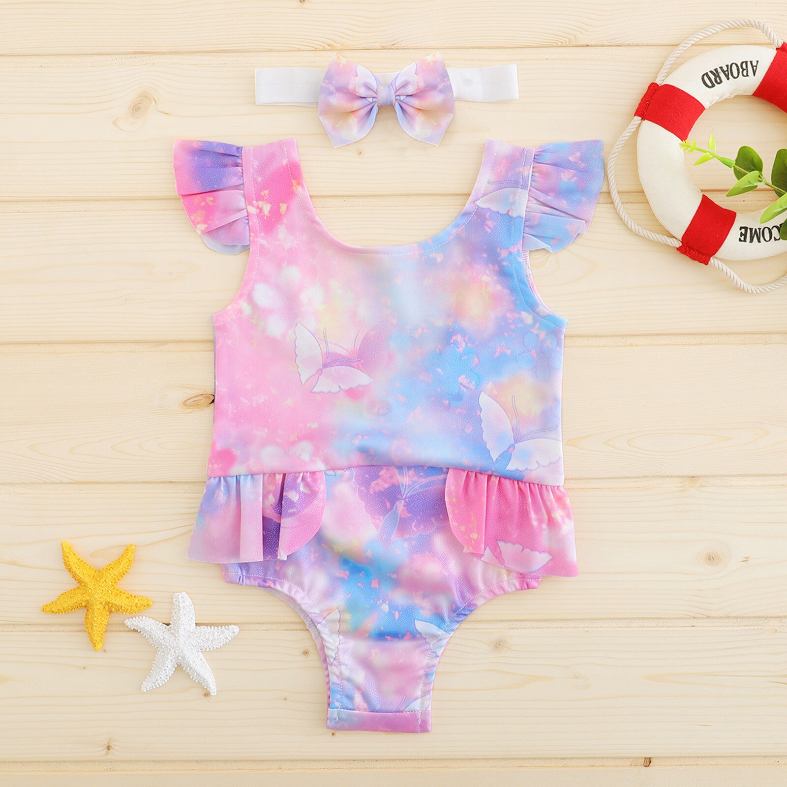 Rainbow Butterfly Swimwear Toddler Baby Girls One Piece Tie Dye Printed Ruffles Swimsuit Swimwear Bikini+Headbands Clothes Set