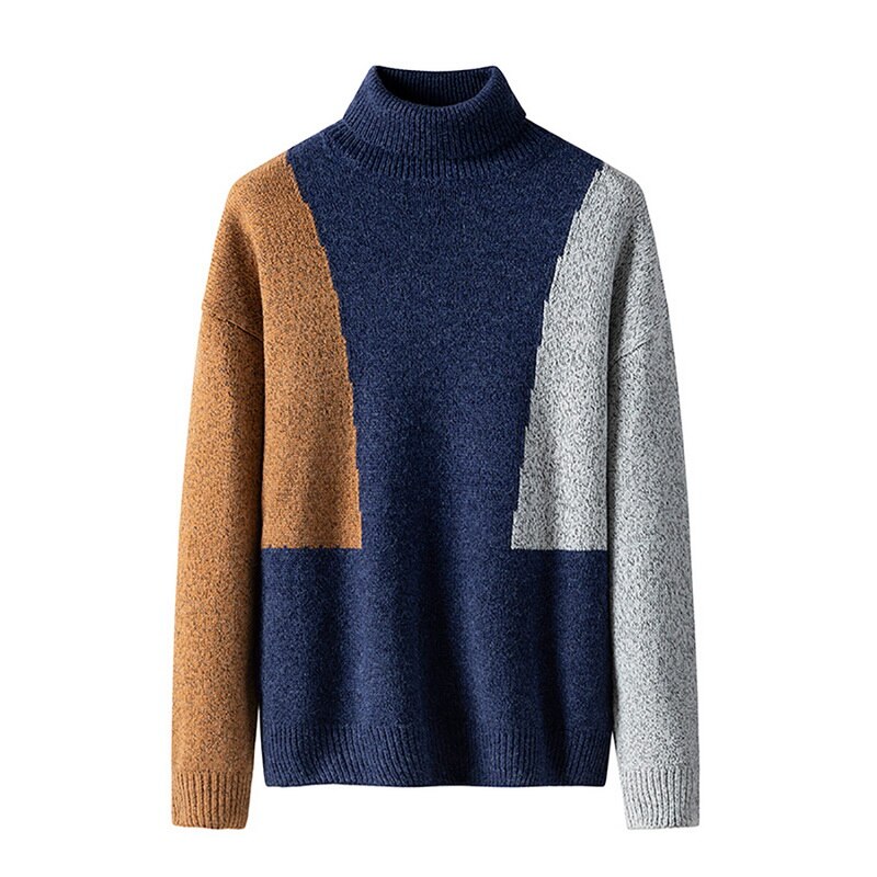 Rullekrave trøjer til mænd syninger farve simpel all-match løs harajuku chic koreansk herre tøj strikke pullover: Mørkeblå / Xl