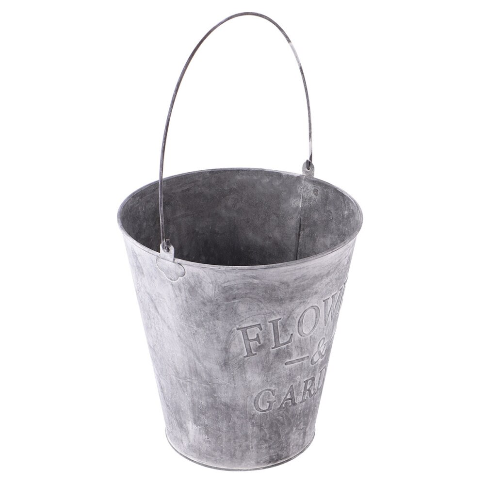 Garden Wrought Iron Pail Simulation Round Iron Bucket Flower Pot Metal Flower Bucket for Home - Size L(Light Grey): Grey