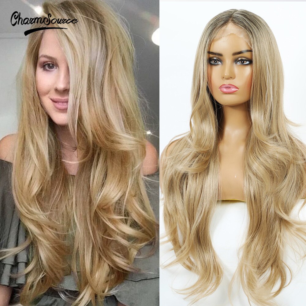 CharmSource Long Natural Wavy Lace Part Synthetic Wigs Light White Blonde for Women Daily Hair High Density Heat Resistant Wig: BL66018-2