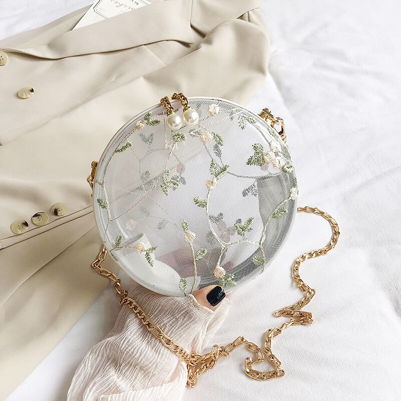 Transparente Runde Umhängetasche - Floral PVC - Perlen & Ketten Deko - Einzelner Riem - Lady Stil: 18 cm Beige