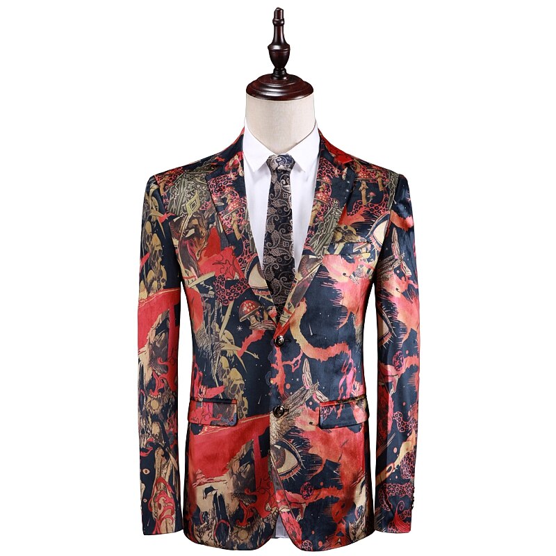 Jakkesæt med print til mænd stil ungdom slim fit sjal reversjakkesæt blazer scenesanger performance jakke tøj: L