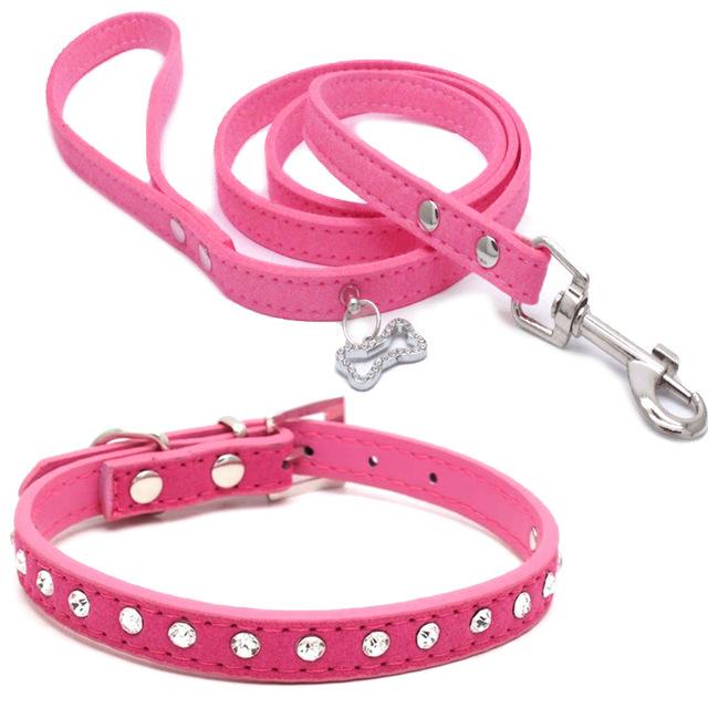 Rhinestone Pet Collar Leash For Small Dogs Adjustable Suede Leather Puppy Cat Walking Leads Outdoor Necklace Leashes Set: Rose / M