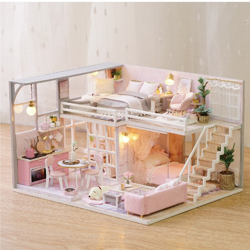 Diy House Villa Girl&#39;s Dream Wooden Hand-assembled Toy House Birthday Christmas with dust cover: Gray