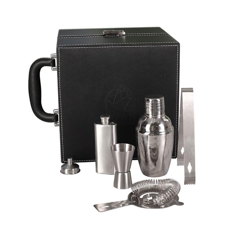 Cocktail Bar Set With Leather Case Including Jigger Hip Flask Strainer Funnel Ice Tongs Cocktail Shaker Set