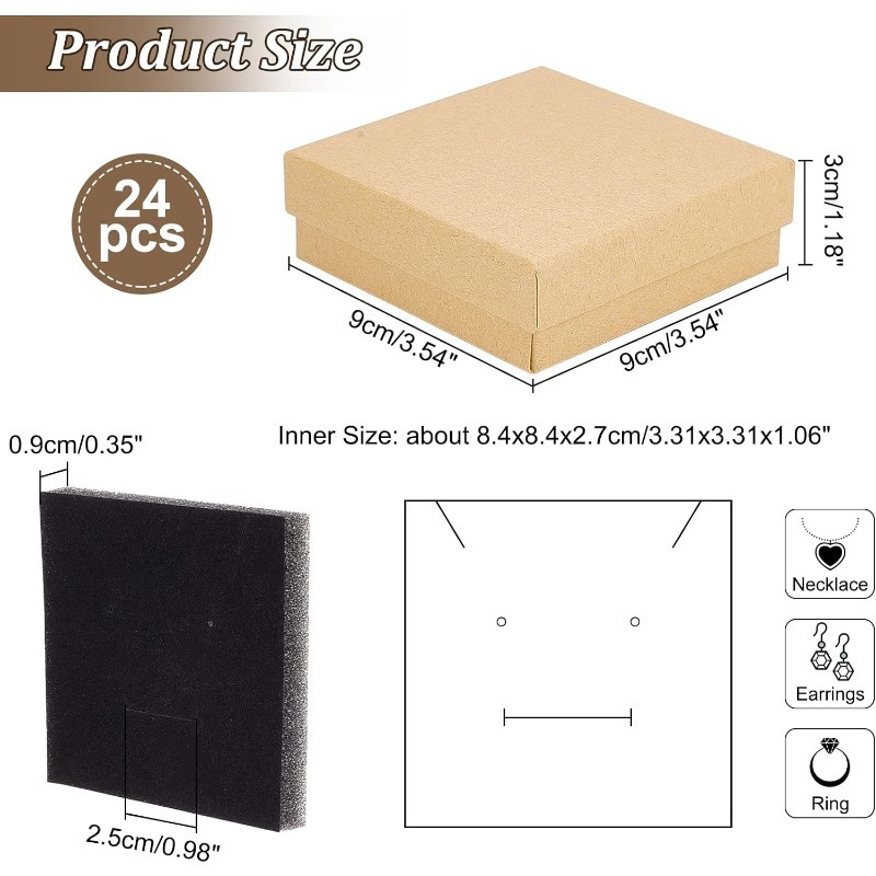 24 Stück Schmuckschatullen aus Pappe, 3,54 x 3,54 x 1,18, quadratische Kartons aus Papier, Kraftpapier, Geschenkverpackungsbox für Weihnachten