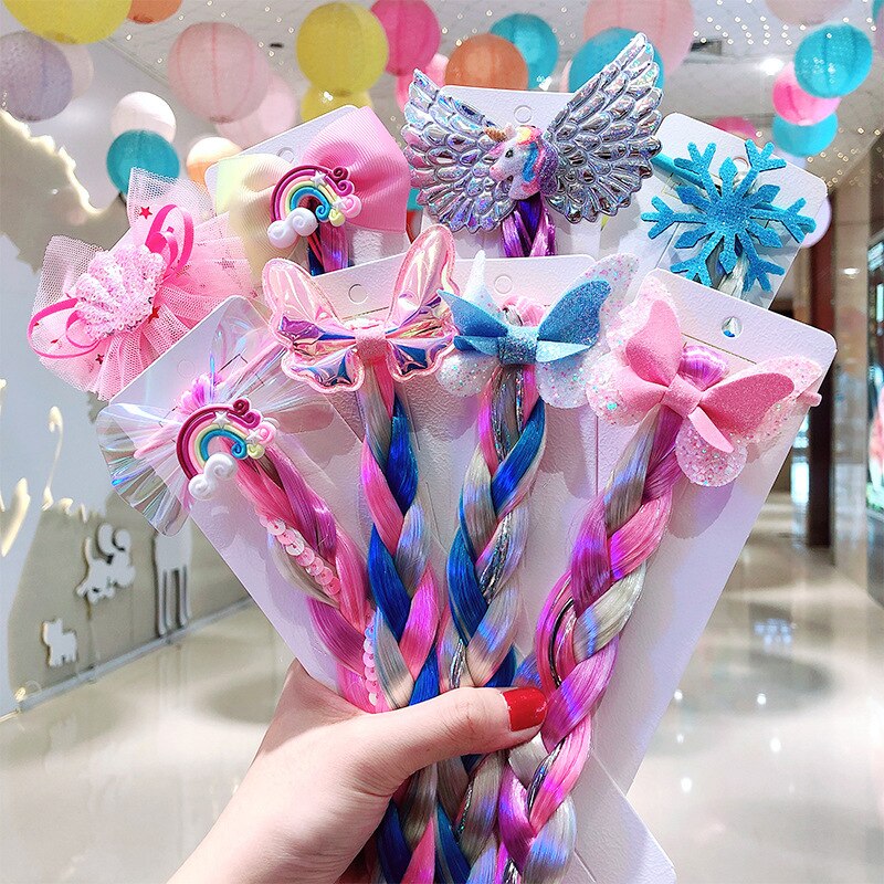 Diadema trenzada de mariposa con lazo de dibujos animados para niña, soporte para cola de caballo, bandas de goma, accesorios para bebé, peluca