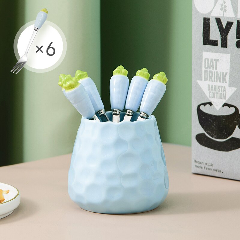 Fourchettes à fruits créatives en acier inoxydable, 7 pièces, service de couverts, fourchettes avec support en céramique pour pique-nique à la maison: Blue with 6 forks