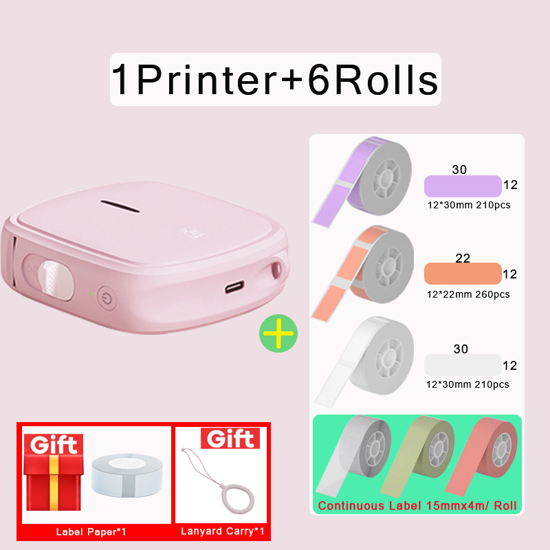 HPRT Q2 Thermal Label Printer Portable Pocket Label Maker Mobile Phone Home Office Use Mini Printing Machine No Ink For Home: Pink Printer 6Roll