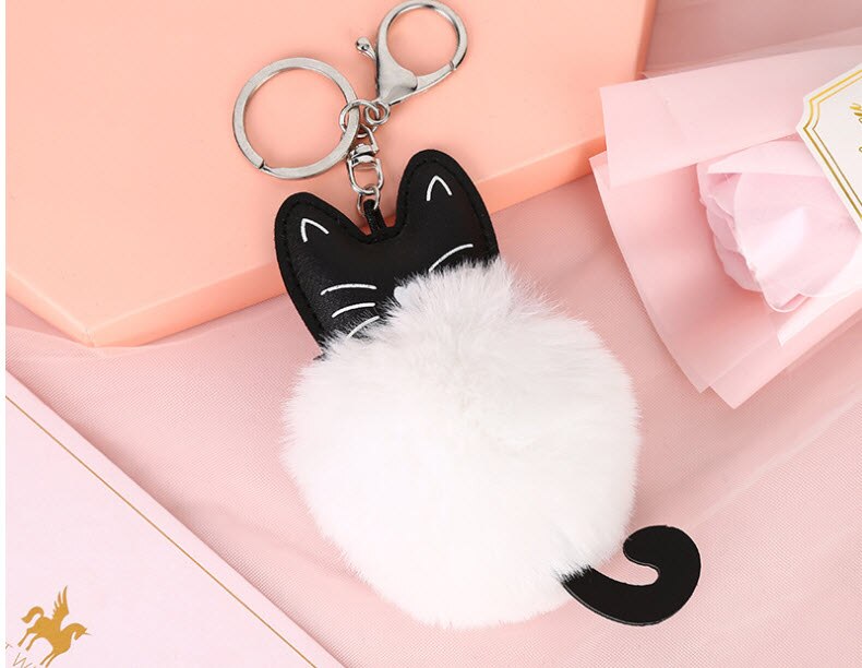 LLavero de gato colgante de 8cm, adorno de bola de gato enchufado para bolsa y mochila: Blanco