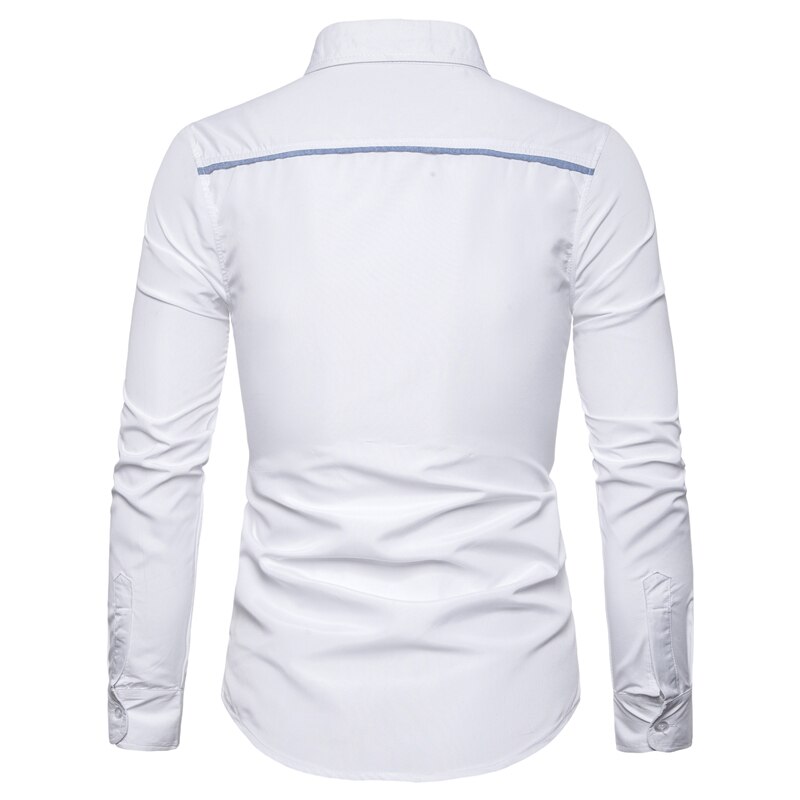 Casual Shirts Men Stitching Denim Long Sleeve Dress Shirt Chest Fold Daily Business Social Camisas 3XL