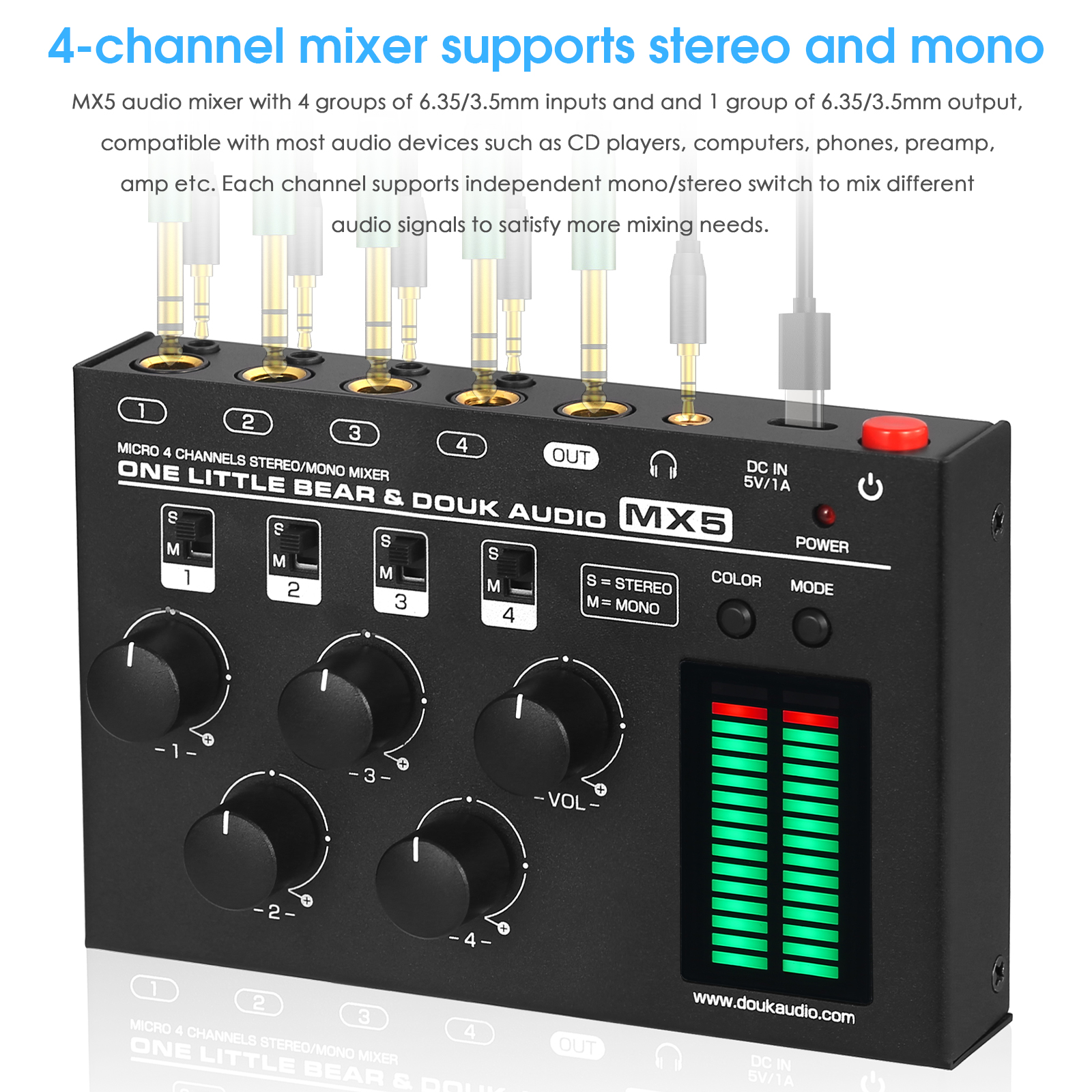 Douk Audio MX5 Mono/Stereo 4 Channel Audio Mixer Ultra Low-Noise Line Mixer 6.35/3.5mm LED Level Meter for Club/Studio DC5V