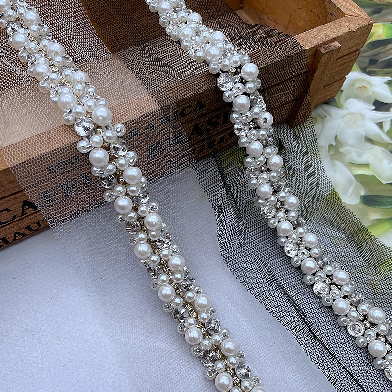 0.5 meter wit (45cm)  parelmoer kralen kantversiering handgestikte kristallen kralen kant lint stof naaimateriaal voor kleding