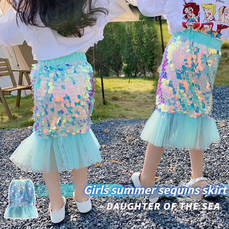 Jupe trompette à paillettes pour filles, vêtements d&#39;été pour enfants, jupes de princesse en maille, taille haute, bleu, 2022