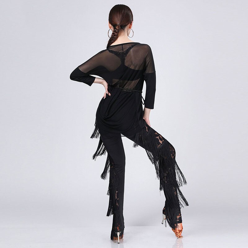 Trajes de baile latino para mujer, conjunto de traje de baile, vestidos de competición, pantalones de danza con flecos para adultos Tango