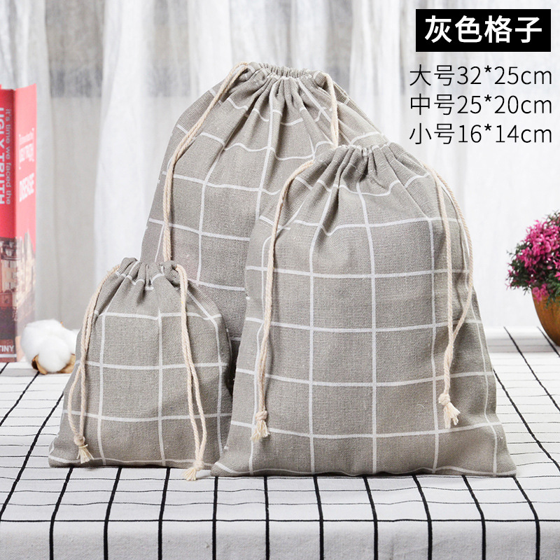 Petit coton frais et lin cordon faisceau poche étudiant tissu sac dortoir débris sac de rangement sous-vêtements sac de rangement: Gray grid / S