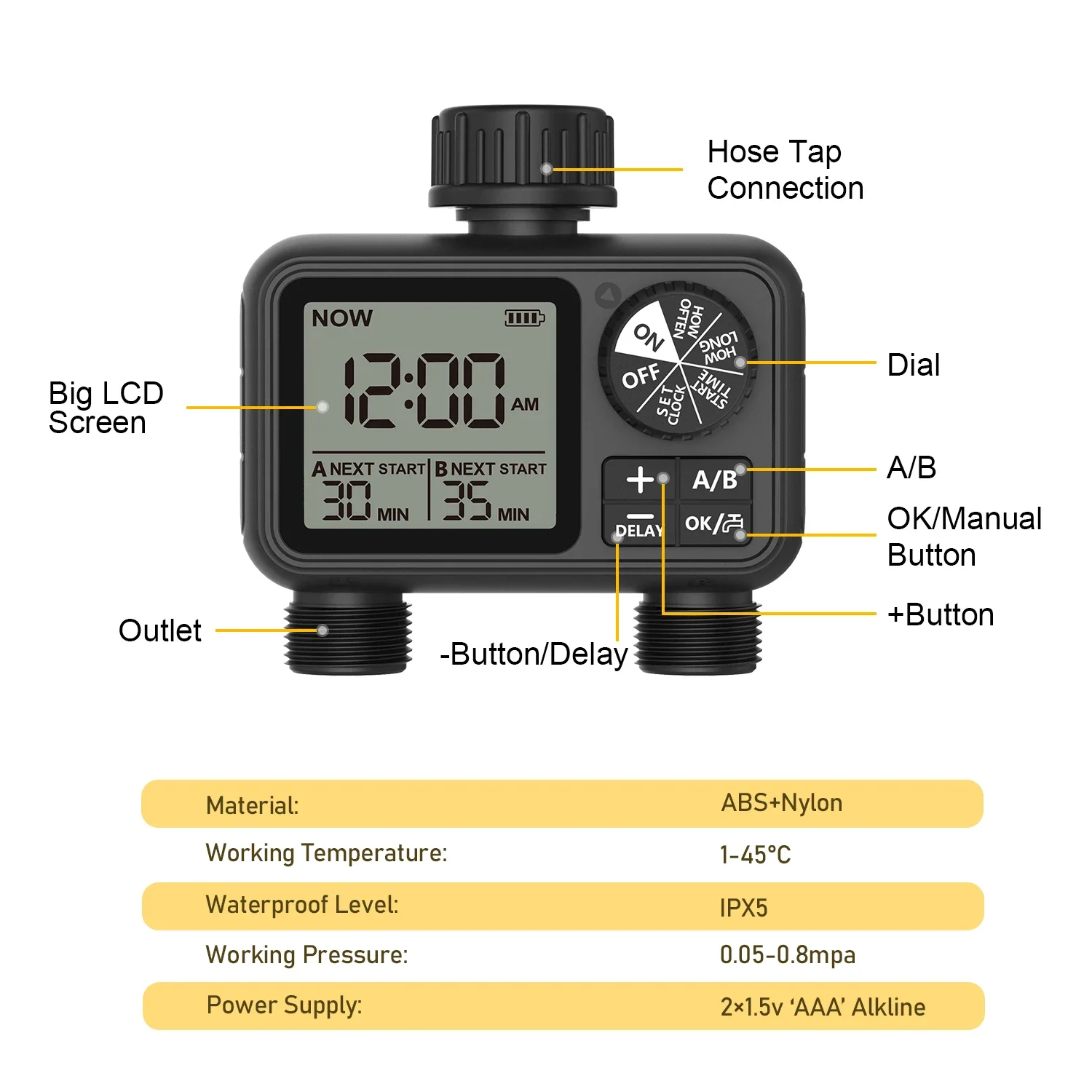 Temporizador de agua, el más temporizador de agua Digital de 2 salidas, Control de programador independiente de zona A/B, aspersor ajustable, fácil instalación