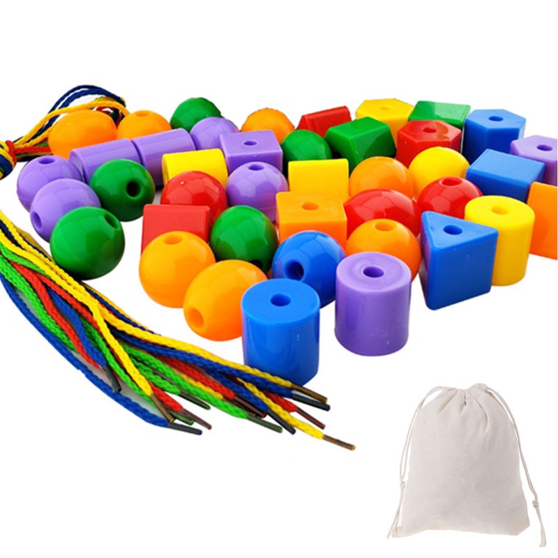 Preschool Large Lacing Beads for Kids - 50 Stringing Beads with 4 Strings GXMB