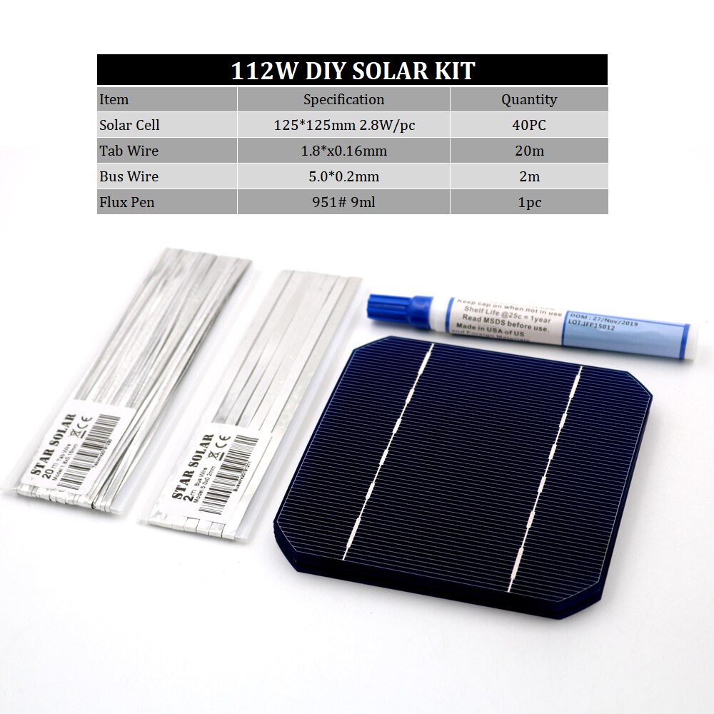 Mono solcellepanel diy 400 350 300 250 200 150 100 w watt oplader kit monokrystall solcelle tabbing wire samleskinne flux pen 125 156: M-diy -125125