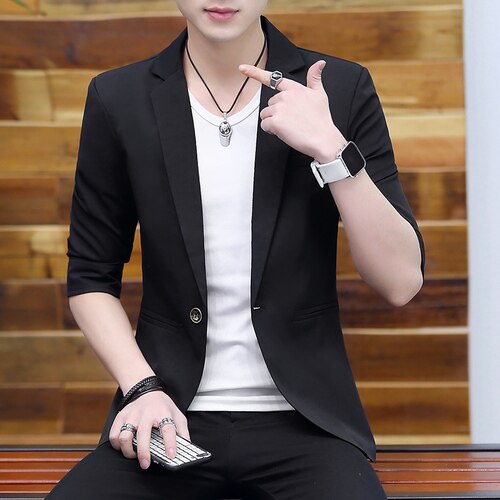 Blazer Men Summer Fashionable Casual Solid Half Sleeve Slim One-button Blazer for Men: Black / XL