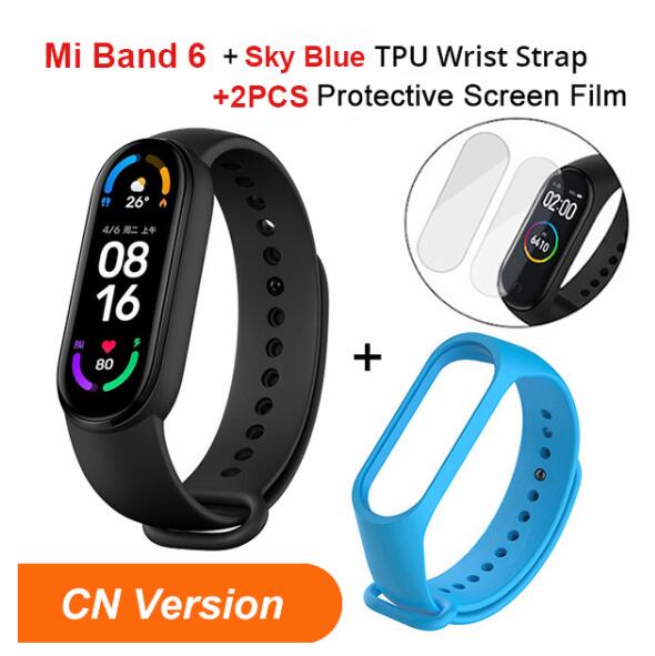 Xiaomi-pulsera inteligente Mi Band 6, accesorio deportivo resistente al agua con control del ritmo cardíaco, oxígeno en sangre y Bluetooth, 5 colores, AMOLED: skyblue strap film