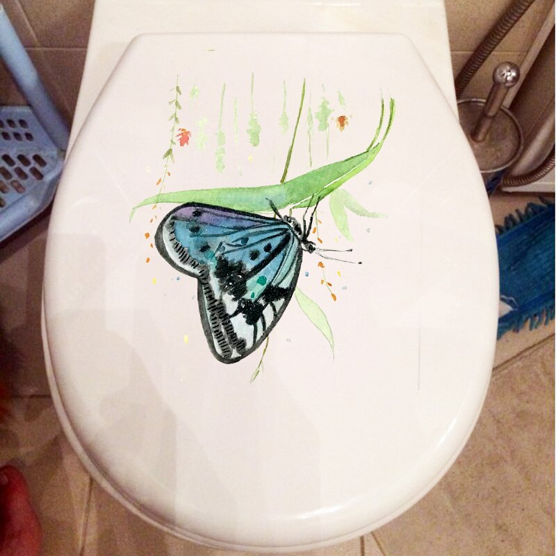 Yoja 19.7 x 23.2cm dejlig tegneserie toilet d sommerfugl blomst akvarel sjovt hjem wallstickers vægmaleri  t1-1564