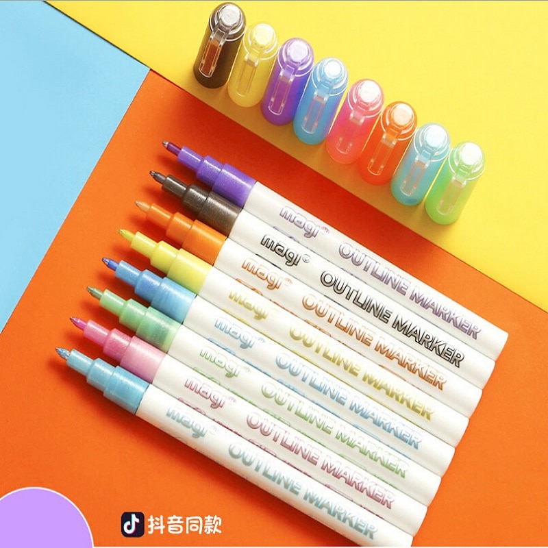 Dubbele Lijn Pen, 8 Kleuren Glitter Markeerstift Fluorescerende Overzicht Pennen Voor Card Schrijven, Tekenen, diy Art Ambachten