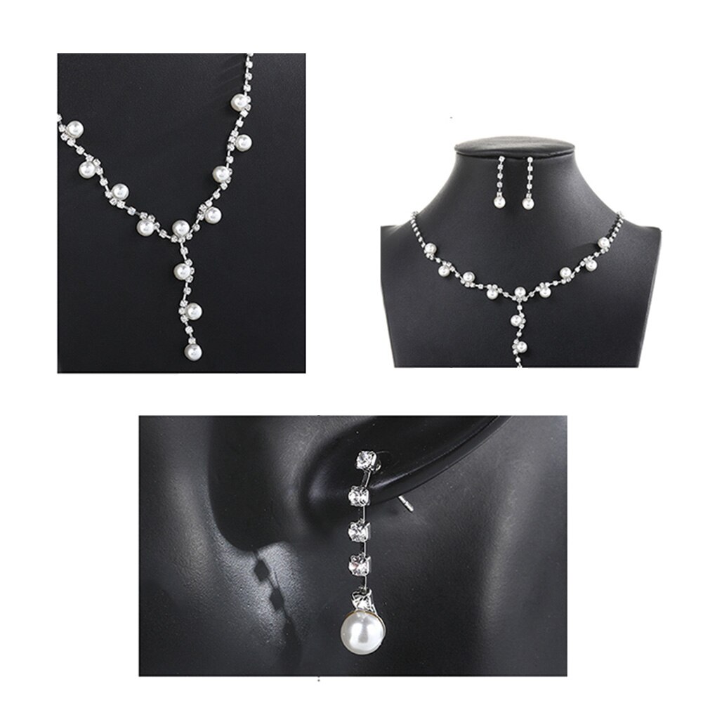 Women Rhinestone Faux Pearl Pendant Necklace Stud Earrings Jewelry Set sales