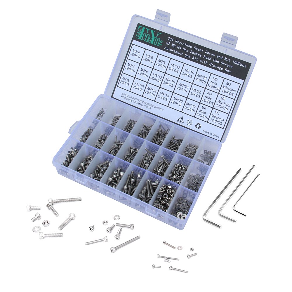 1080pcs/Lot M2 M3 M4 Button Head Hex Socket Screw Bolt Nut Stainless Steel 304 Screws Nuts Assortment Kit Fastener Hardware