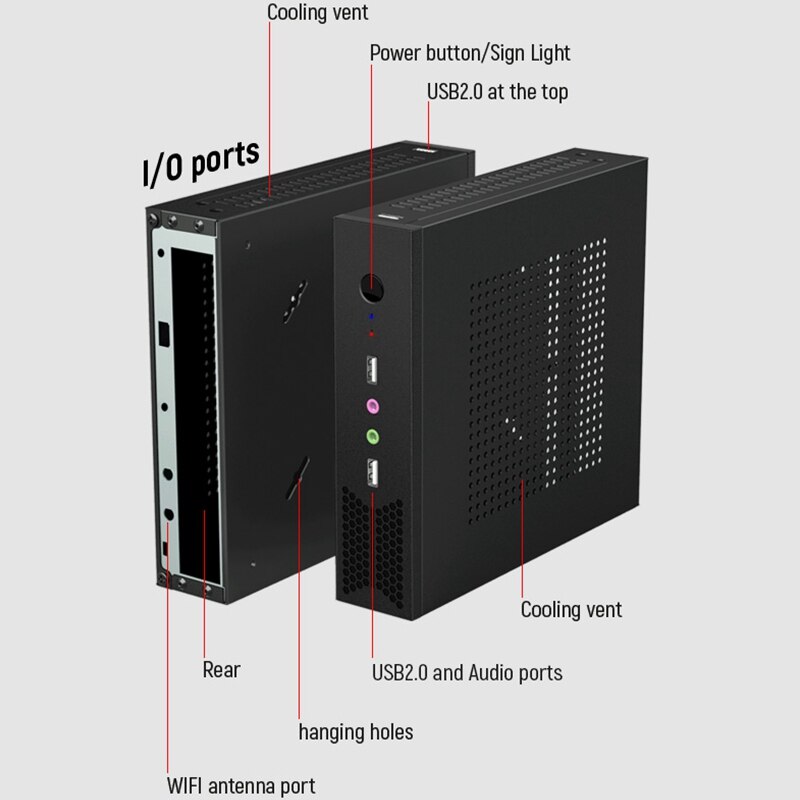 Mini T5 mince Mini ITX coque d'ordinateur noir USB2.0 HTPC Ports d'antenne WIFI pas de puissance