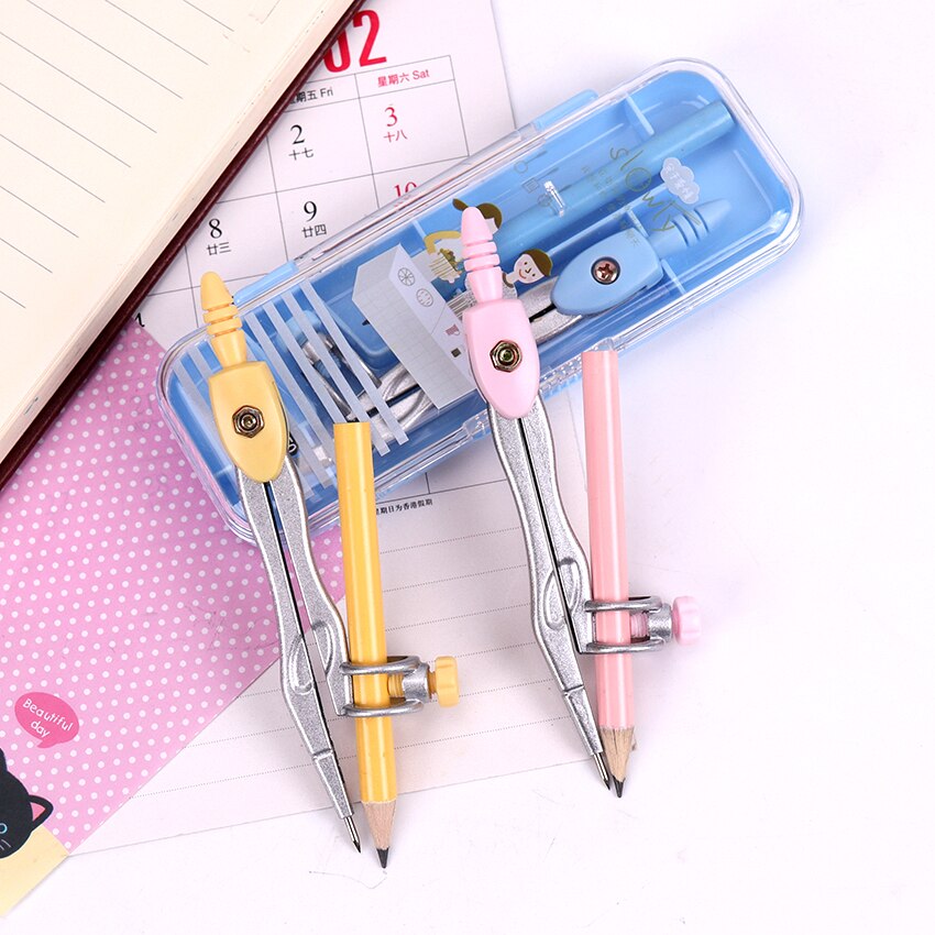 1 Set School Metal Compass Cute Girl Stationery Student Drawing Compasso Geometry Math Drafting Tools (Included Box Pencil)