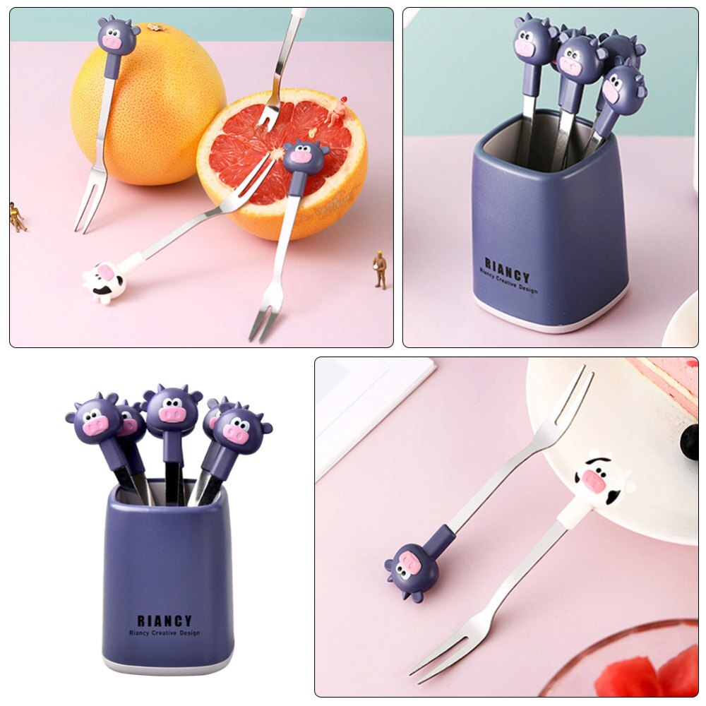 1 Set Cartoon Calf Fruit Forks Stainless Steel Forks with a Holder