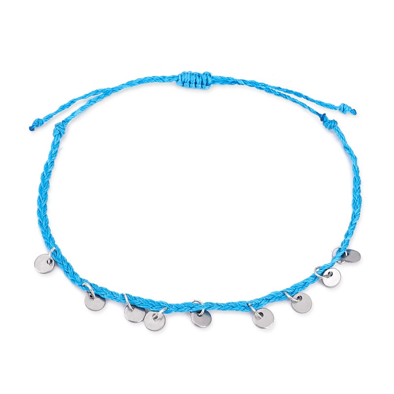 Bracelet de cheville en fil de cire tissé à la main avec pendentif en forme de disque de cuivre, bijou de plage simple pour femmes