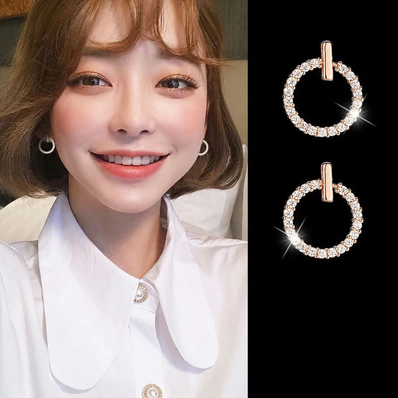 Boucles d'oreilles rondes géométriques en argent 925 pour femmes, nouvelle délicate, aiguille en cristal strass, beaux bijoux de fête