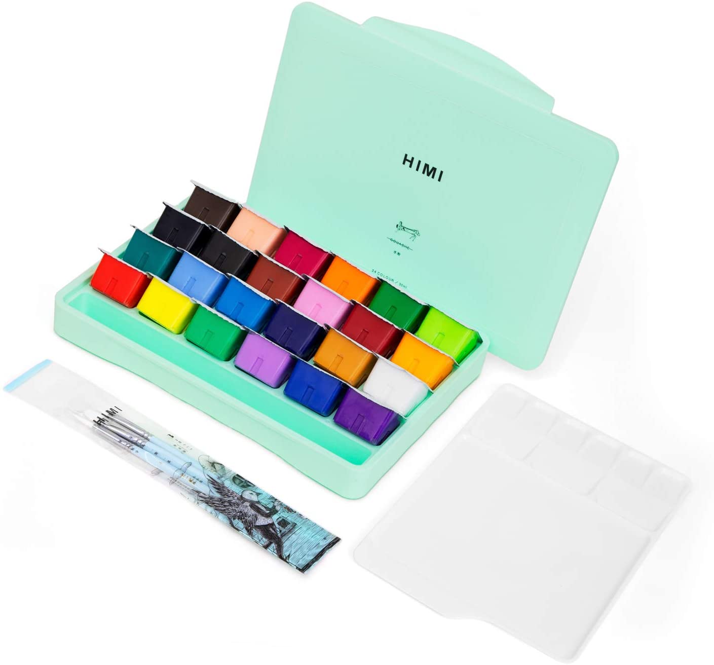 HIMI MIYA Gouache Paint Set 18/24 Colors 30ml Unique Jelly Cup Portable Case with Palette and 3 Paint Brushes For Artist: 24 Green and brush