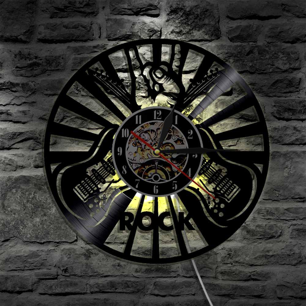 Gitarre Felsen Vinyl Rekord Wanduhren Modernes rollen Musik LED Wanduhr Kreative Wohnkultur Für Musik Liebhaber gitarrist: mit LED hell
