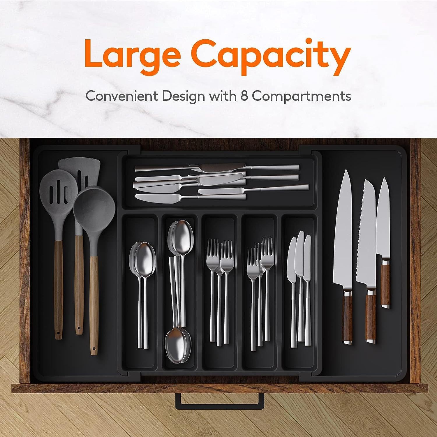 Organizador de cajones para cubiertos, tenedor, cuchara, palillos y caja de almacenamiento de cubiertos, organizador de estante de almacenamiento divisor de cubiertos, 1 ud.