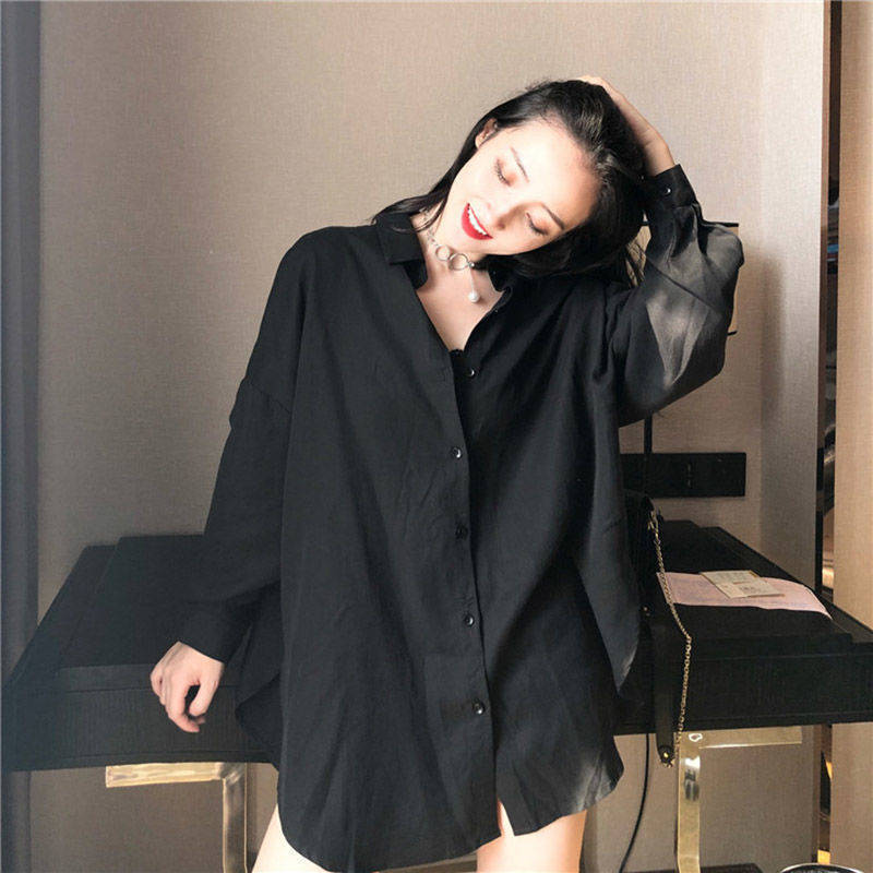 Blusas de gasa para mujer, camisas de manga larga negras BF Ulzzang, blusas holgadas combinables a la para mujer, Tops Chic informales sencillos para estudiantes: M