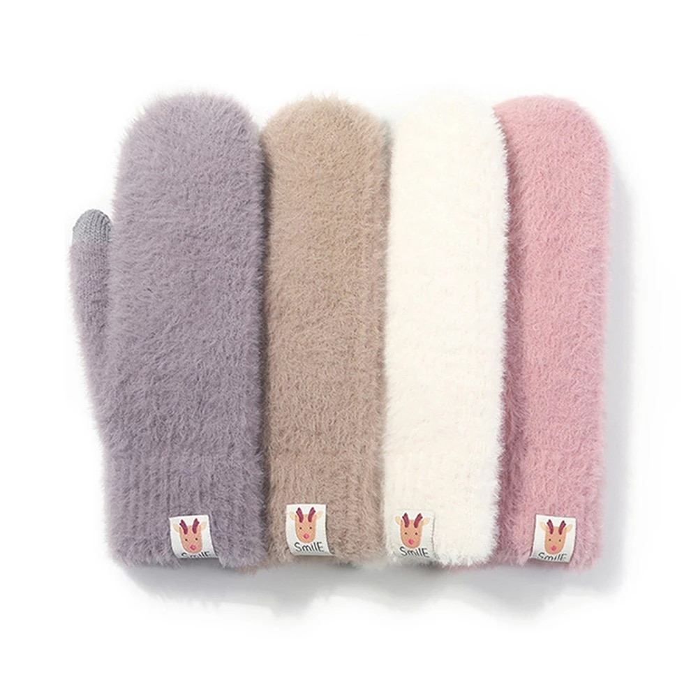 Guantes de punto para mujer, manoplas de felpa con pantalla táctil a prueba de viento, de terciopelo grueso y cálido, de Color puro, para invierno y Navidad