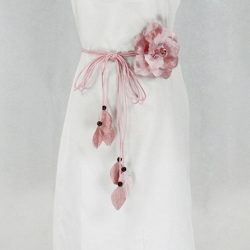 Ceinture longue en mousseline de soie pour femmes, avec pompon décoratif, grande fleur, fine, coréenne, nouée: Rose