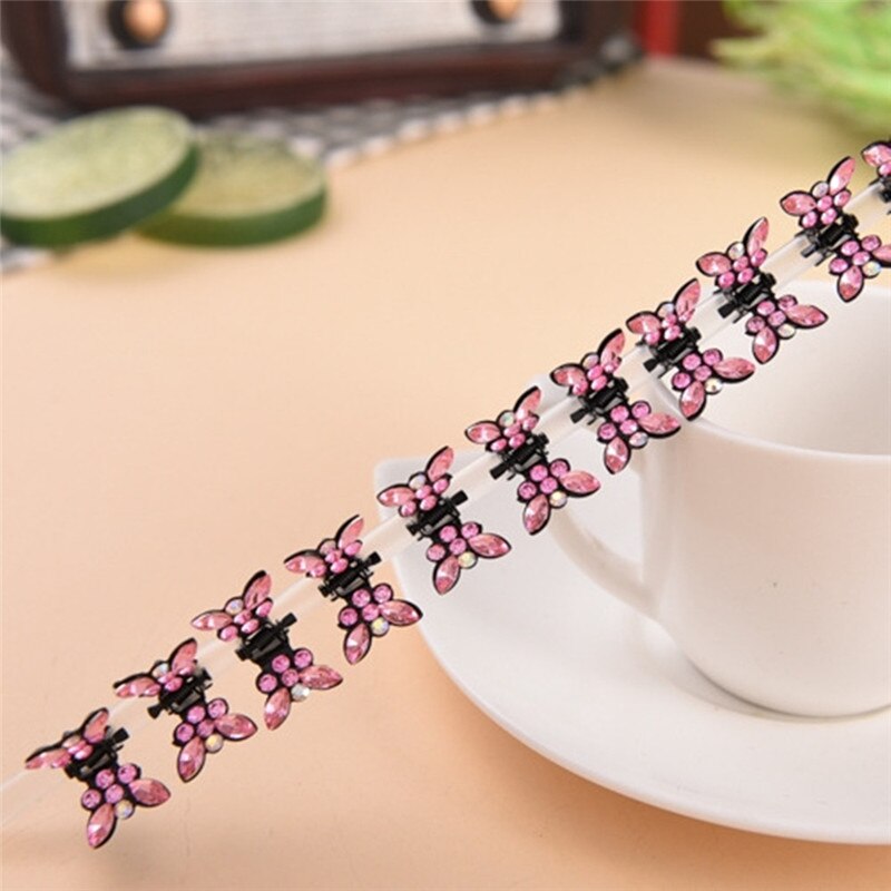Conjunto de 12 pinzas pequeñas para el pelo con forma de mariposa para mujer, pinzas de Metal para el pelo con diamantes de imitación, para cangrejo, accesorios para el cabello: Pink