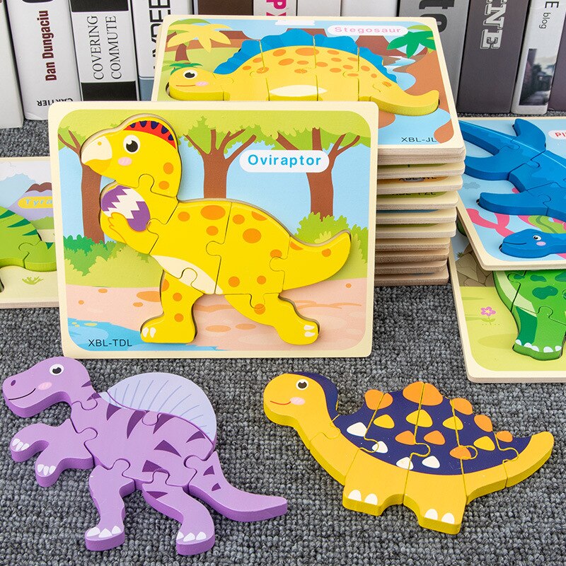 Puzzle di dinosauro tridimensionale in legno 3d puzzle di cartone animato educazione precoce puzzle educativo a forma di bambino