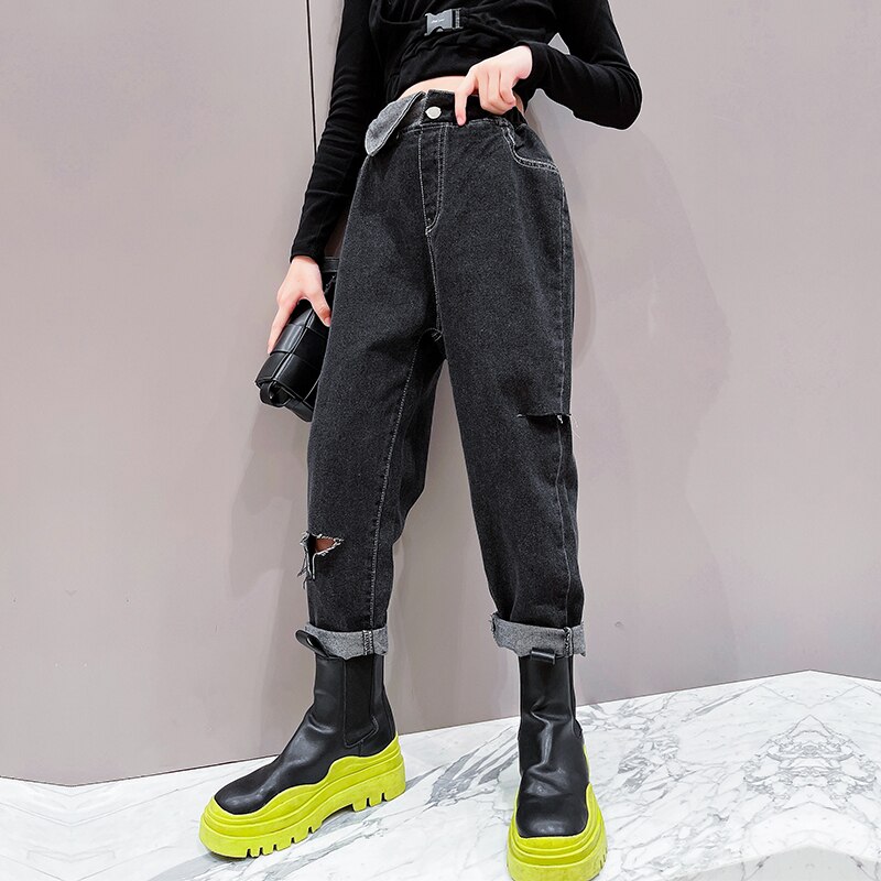 Jean déchiré en Denim noir pour filles, pantalon décontracté, troué, taille haute, pour adolescentes de 3-14 ans, automne printemps 2022