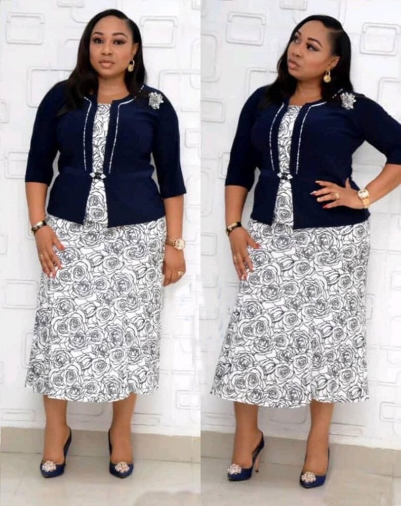 Plus Size Africa Dresses 2 Piece Set Coat Jacket And Dress OL Suit Spring Floral Print Maxi Dress African Outfit: Blue / XL