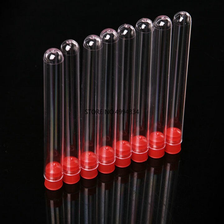 100pcs 15x150mm Clear Plastic reageerbuizen met blauw/rood stopper push cap voor soort experimenten en tests