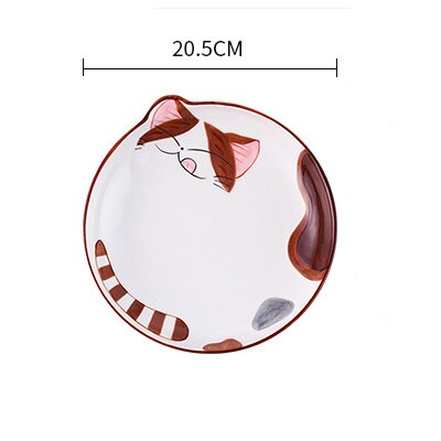 Cute Cat Ceramic Dinner Plate Dish Bowl Spoon Set Cartoon Porcelain Food Container Kids breakfast Dinnerware Set: Brown plate