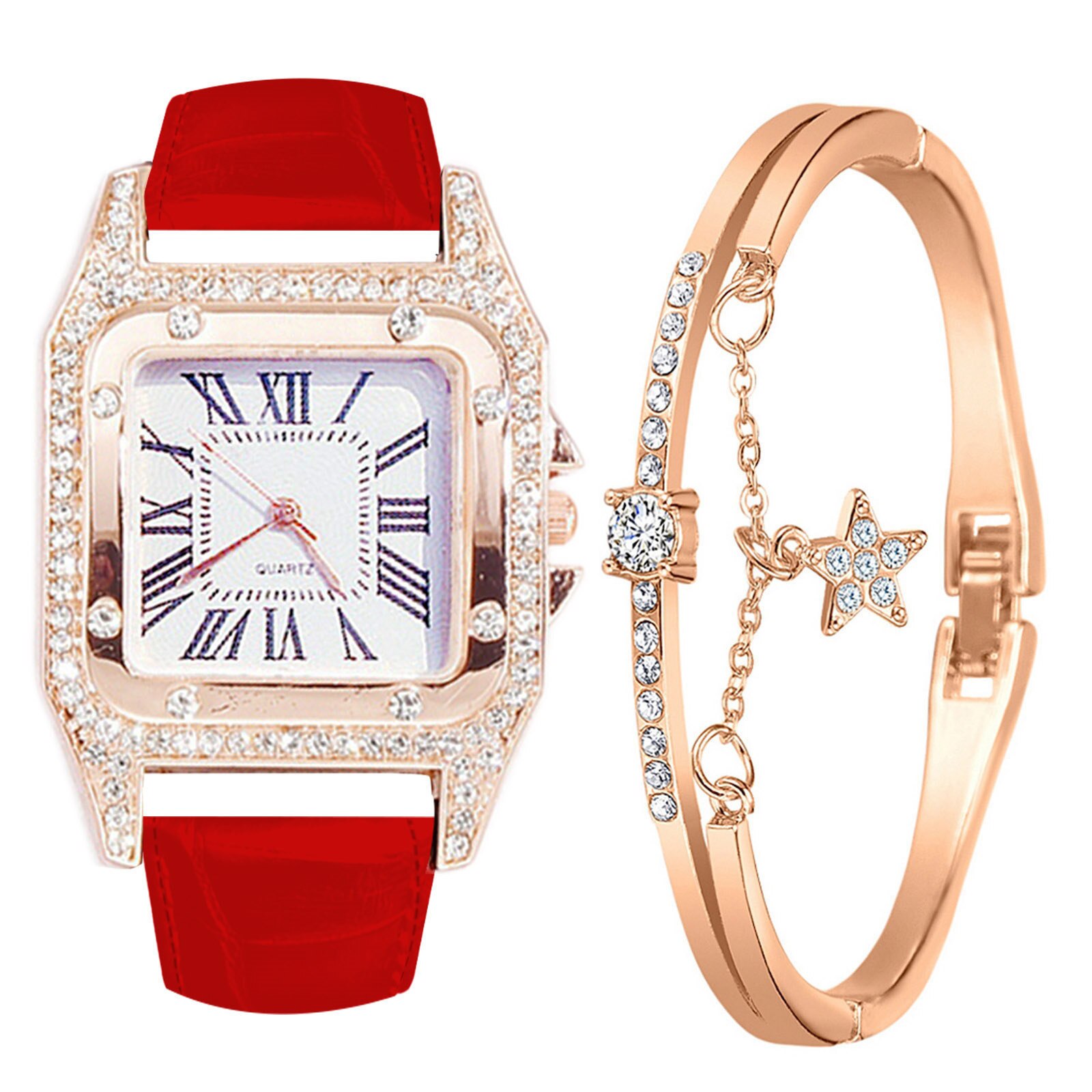 Dames Armband Horloge Band Vierkante Wijzerplaat Diamant En Ster Armband Quartz Horloge Set Horloge Zegarek Damski: Rood