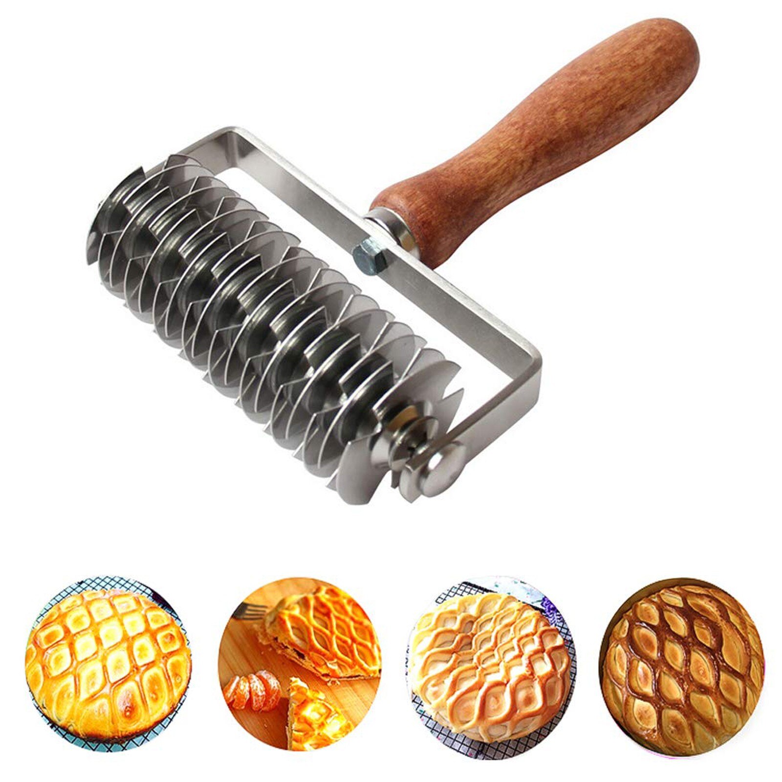 Stainless Steel Dough Lattice Bread Crust Roller Cutter Wood Handle Pastry Crust Roller Cutter Wooden Handle Roller Dough Roller: Default Title